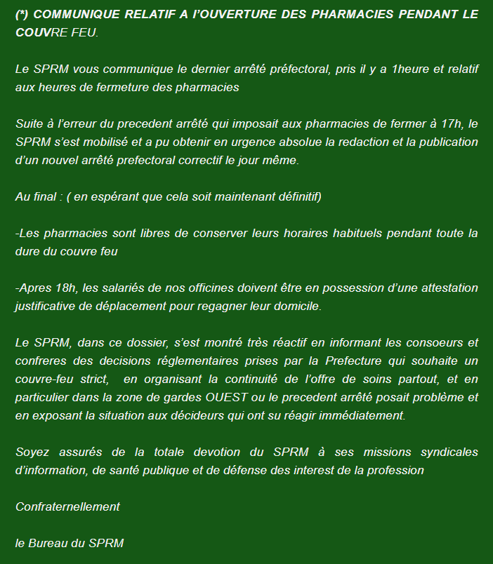 Covid-19 : Couvre Feu – Urps Pharmaciens Île De La Réunion